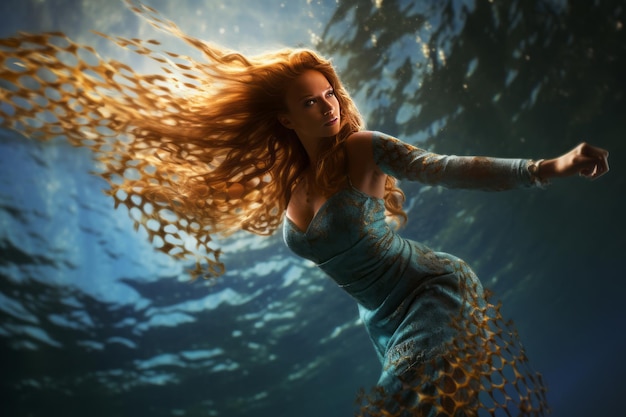 Symphonie aquatique enchanteuse Sirène captivante sautant des profondeurs dans une écaille de poisson époustouflante En