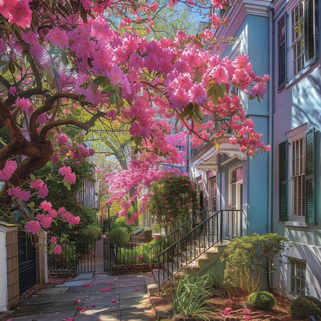 Une symphonie d'azalées en fleurs vibrantes contre l'élégance intemporelle de l'histoire urbaine