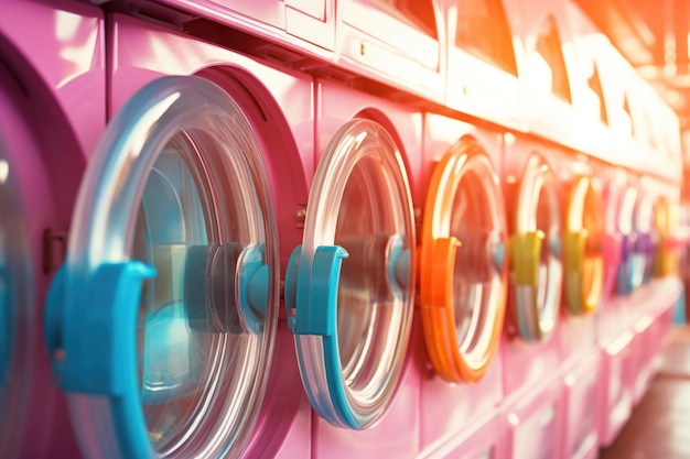 Photo symphonie chromatique de la lessive un ensemble harmonieux de laveuses vibrantes une ode visuelle à l'art du lavage de vêtements colorés