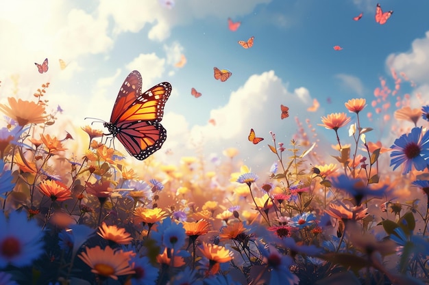La symphonie du printemps Les fleurs colorées et les papillons dansent dans la nature