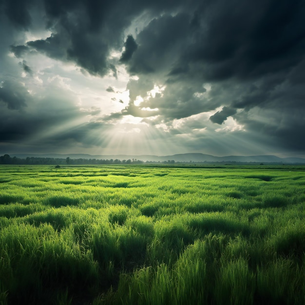 Symphonie éclairée par le soleil Champ d'herbe brossé par le vent Sous un ciel nuageux