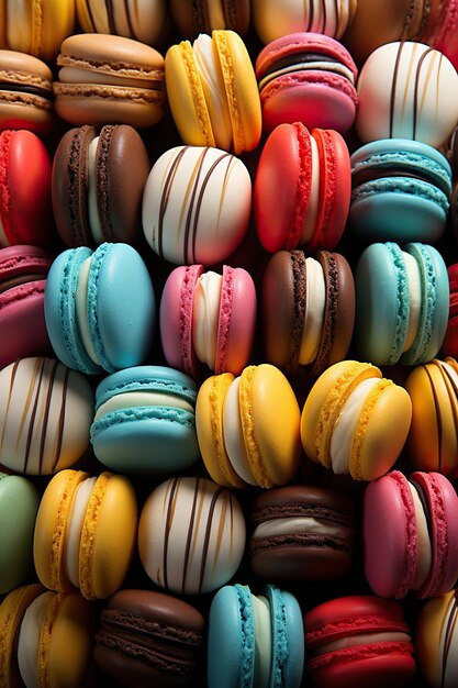 Photo une symphonie de saveurs macarons colorés dans une pile de macaroons pile de macarrons macaroons colorés sur une table en bois