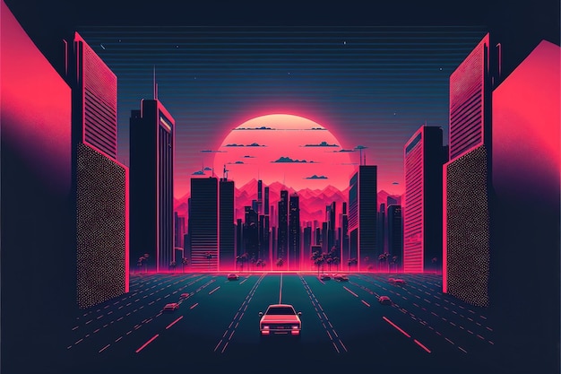 Synth wave rétro paysage urbain avec une voiture roulant le long de la route Retro neon city retrowave 80s atmosphère illustrations haute résolution art AI