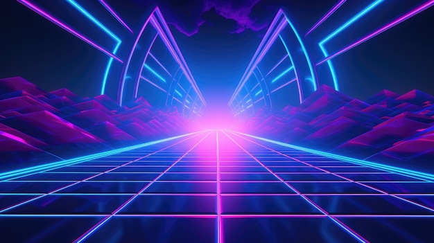 Synthwave des années 80 et 90 fond néon bleu violet rétro illustration cyberpunk format social instagram