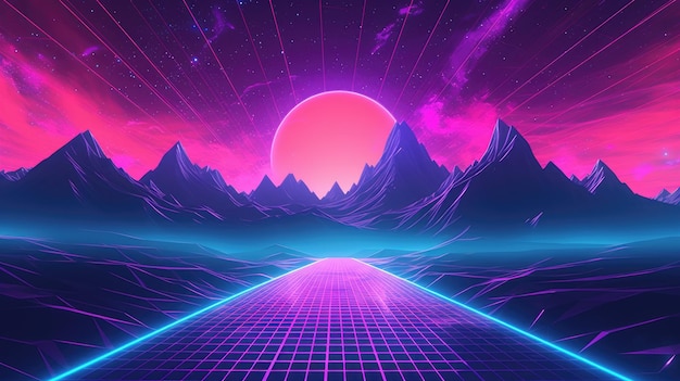 Synthwave des années 80 et 90 fond néon bleu violet rétro illustration cyberpunk format social instagram