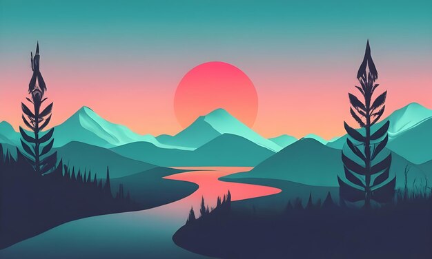 Synthwave Sunset paysage de montagne rétro