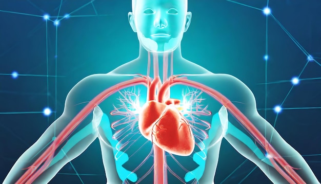Système cardiaque de l'anatomie masculine en rendu 3D aux rayons X et concept de maille IA générative