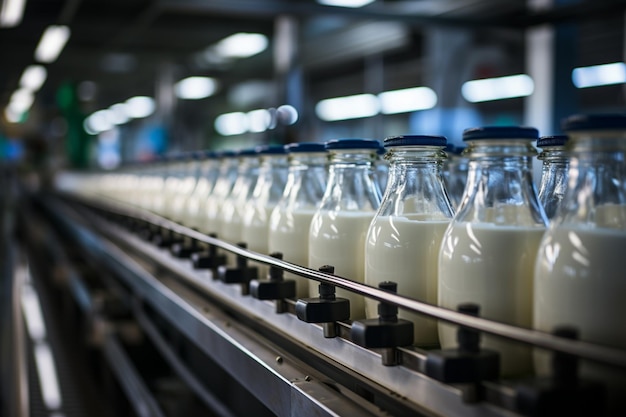 Le système de convoyeur transporte les bouteilles de lait dans l'usine de transformation laitière