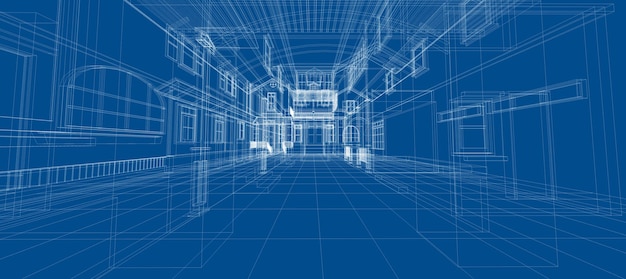 Système domotique intelligent technologie intelligente numérique abstrait architecture intérieur construction filaire 3d sur fond bleu