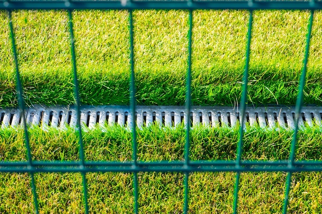 Système de drainage sur le terrain de football avec une pelouse vert clair.