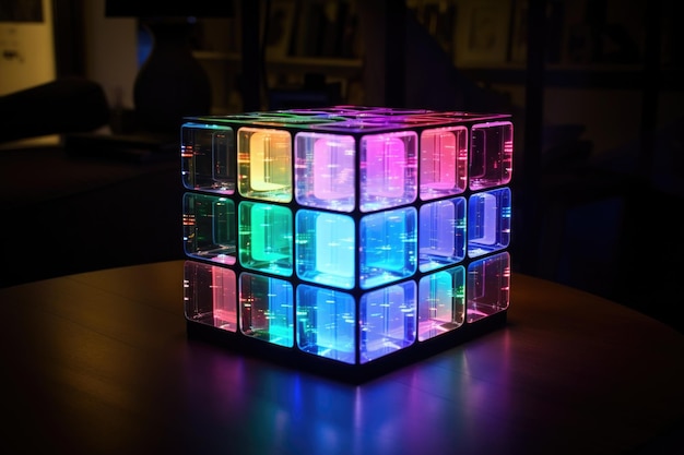 Photo système d'éclairage intelligent illuminant le cube de verre avec des couleurs changeantes créées avec l'ia générative