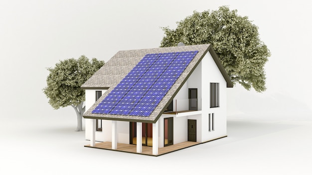 Photo système d'énergie solaire avec panneaux solaires photovoltaïques sur le toit de la maison