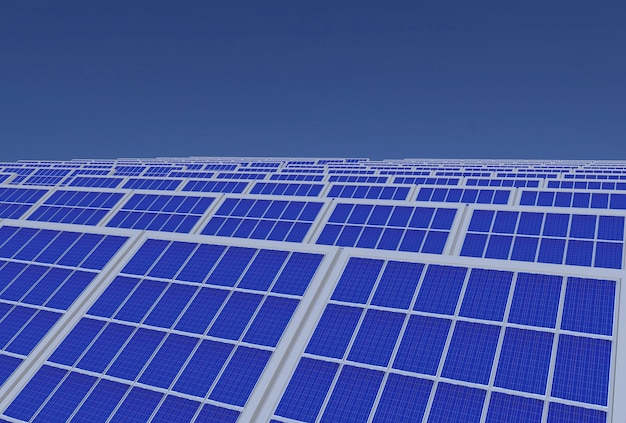 système de générateur d&#39;énergie electirc, champ de panneaux de cellules solaires avec un ciel bleu comme toile de fond.