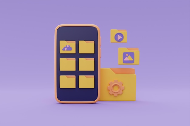 Photo système de gestion de documents stockage de données en ligne pour l'écran de smartphone de concept de réseau d'entreprise avec rendu 3d de dossiers de fichiers