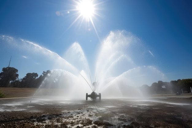 Système de gicleurs avec des gouttelettes d'eau formant de la brume dans l'air contre le ciel bleu