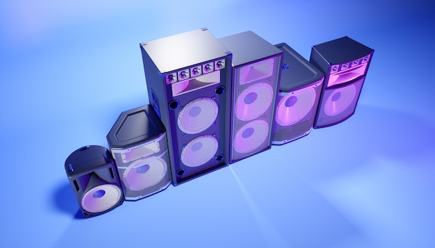 Système de haut-parleur bleu sur fond bleu en éclairage violet, illustration 3d
