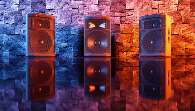 Système de haut-parleurs sur fond noir en éclairage bleu et orange, illustration 3d
