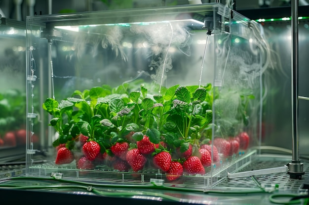 Système hydroponique intérieur avancé Cultivation de plantes vertes luxuriantes et de fraises rouges vibrantes dans une