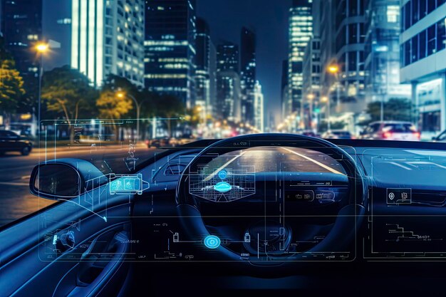 Système Intelligent De Technologie De Voiture Intelligente Moderne  Utilisant Un Affichage Tête Haute (hud) Véhicule Autonome En Mode De  Conduite Autonome Sur La Route De La Ville Avec Système De Signal Radar