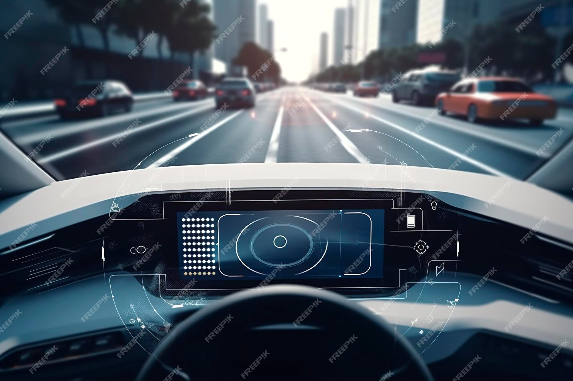 Système Intelligent De Technologie De Voiture Intelligente Moderne  Utilisant L'affichage Tête Haute Hud Véhicule Autonome En Mode De Conduite  Autonome Sur La Route De La Ville Avec Capteur Graphique Système De Signal