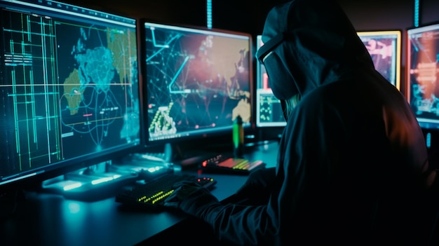 Système de piratage cybercriminel sur les moniteurs hacker mains au travail concept de crime sur Internet hacker voler AI générative