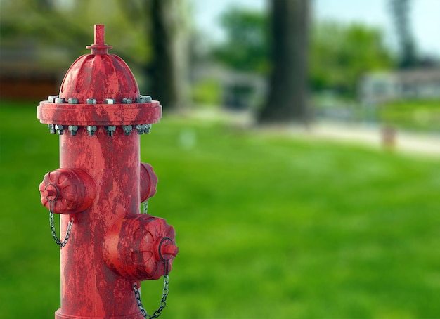 Système public de lutte contre les incendies bouche d'incendie couleur rouge à l'extérieur dans l'illustration 3d de fond de forêt