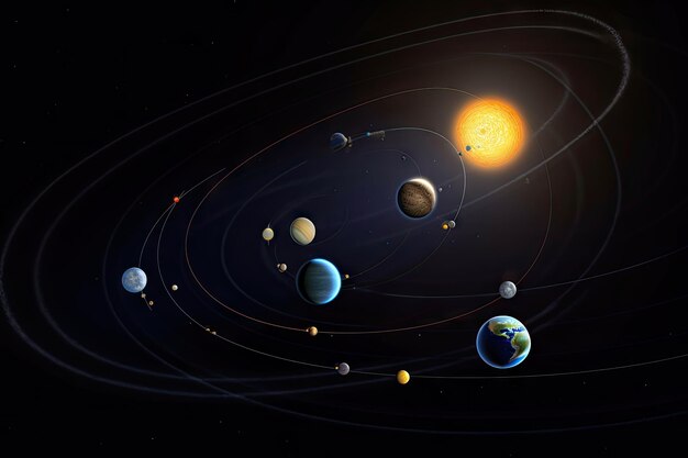 Système solaire avec des planètes et des lunes visibles chacune sur leur propre orbite créée avec une IA générative