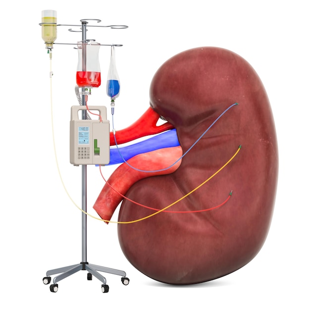 Système de thérapie intraveineuse avec rein humain Traitement du concept de maladie rénale rendu 3D