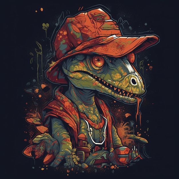 Un t-rex avec une casquette rouge et une chemise qui dit 't-rex' dessus