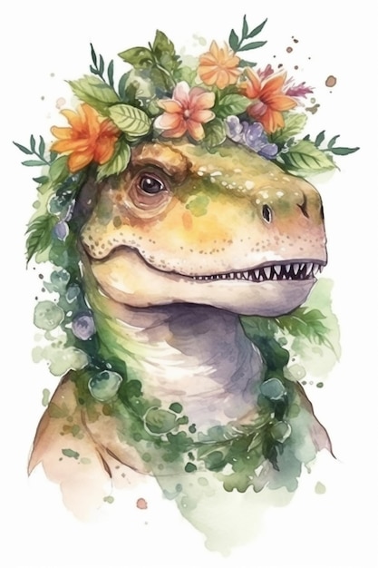 Un t-rex avec une couronne de fleurs sur la tête