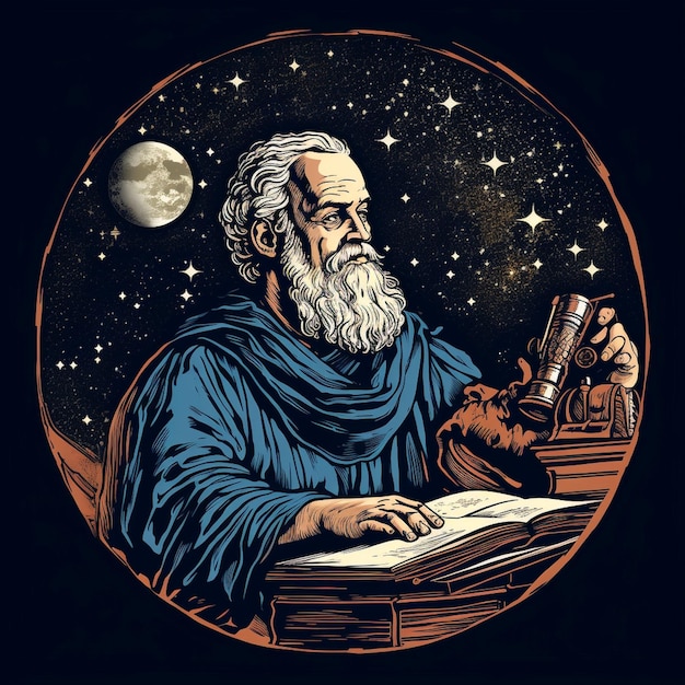 T-shirt avec autocollant de Galileo Galilei, dessin et illustration du t-shirt