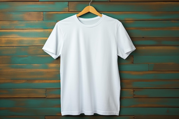 T-shirt blanc accroché sur un cintre avec une texture de bois en arrière-plan génératif par ai