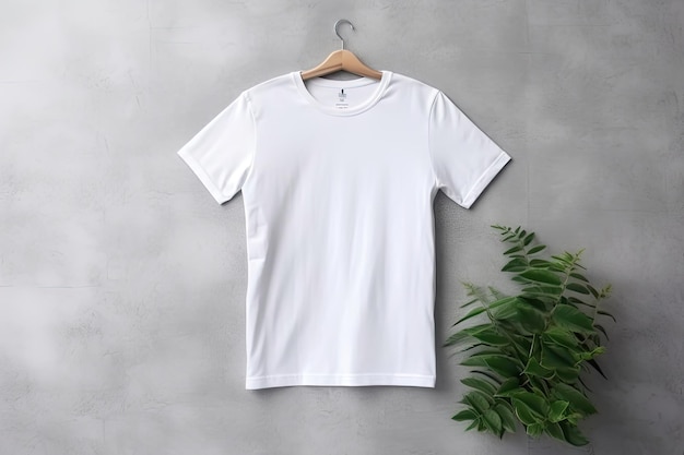 T-shirt blanc basique sur fond de béton gris Maquette pour t-shirt de marque avec poche