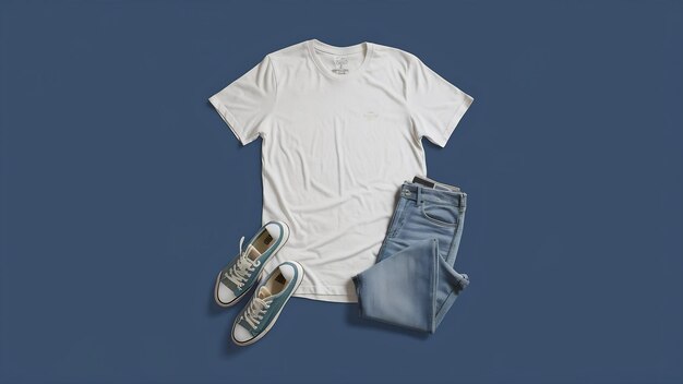 Photo t-shirt blanc, baskets et chaussettes sur fond bleu