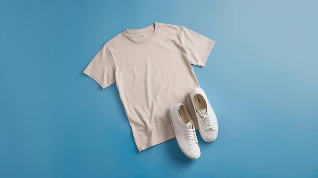 Photo t-shirt blanc, baskets et chaussettes sur fond bleu