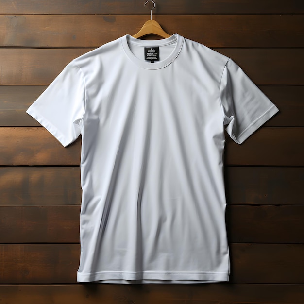 T-shirt blanc blanc avec accroche isolé sur fond en bois T-shirt à manches courtes