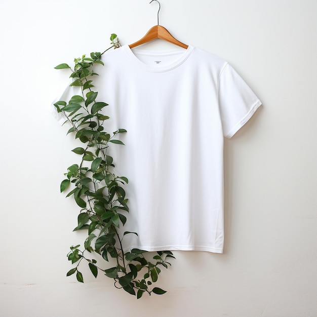 Photo t-shirt blanc clair avec une plante naturelle sur fond blanc