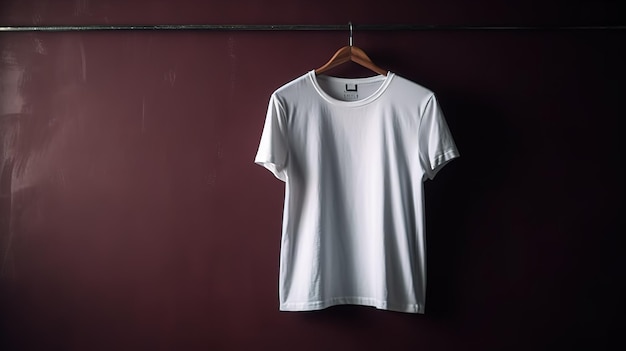 Un t-shirt blanc est accroché à un mur avec un fond rouge.