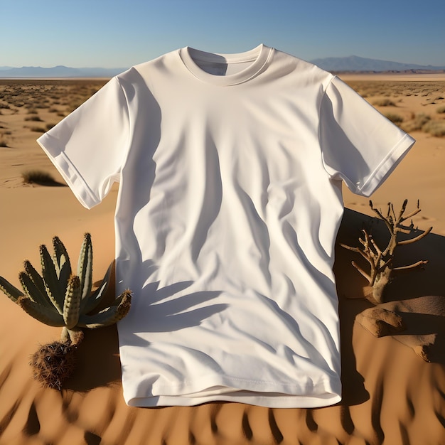 T-shirt blanc de l'homme blanc mock-up thème d'été arrière-plan désert