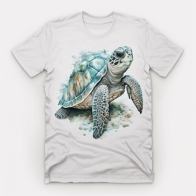 t-shirt blanc avec un imprimé tortue se trouve sur un fond blanc