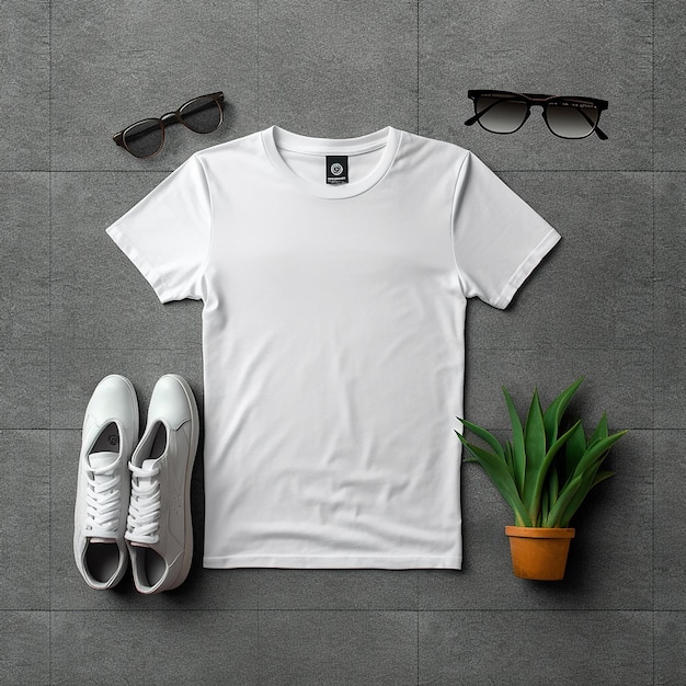 un t-shirt blanc avec des lunettes de soleil et un t-shirt sur le mur.