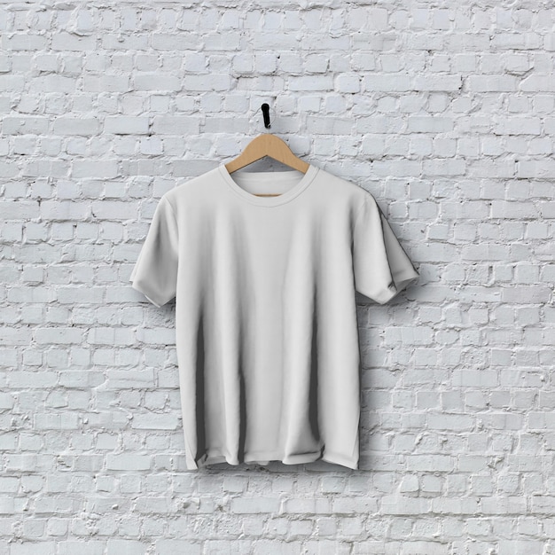 T-shirt blanc maquette accrochée à un mur de briques rendu d