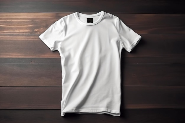 Un t - shirt blanc avec le mot t - shirt sur une table en bois.