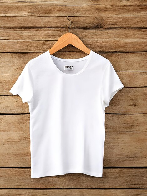 Photo t-shirt blanc ouvert avec accroche sur fond de bois