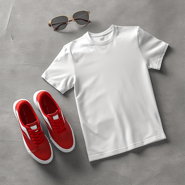 un t-shirt blanc avec une paire de chaussures rouges à côté d'une paire de lunettes de soleil.