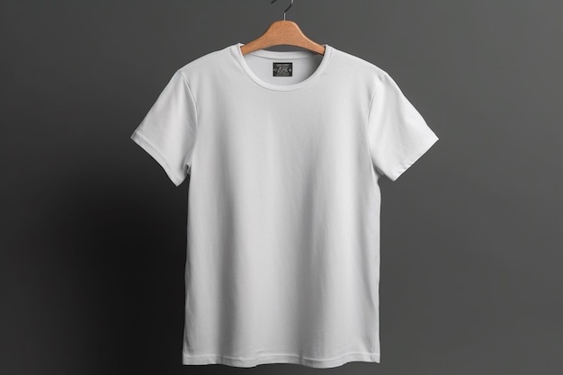 T-shirt blanc suspendu à un cintre avec le mot t-shirt dessus