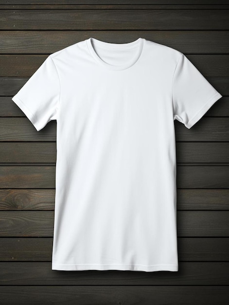 Un t-shirt blanc avec un t-shirt blanc accroché à un mur en bois.