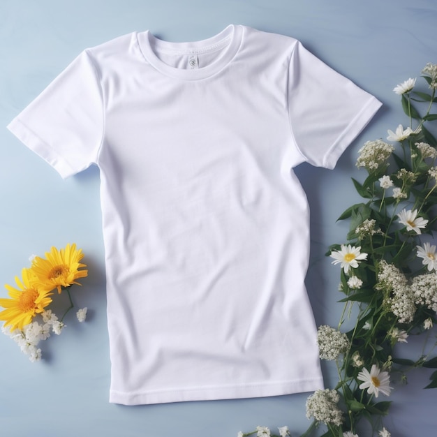 Un t-shirt blanc avec un t-shirt blanc dessus à côté de fleurs.