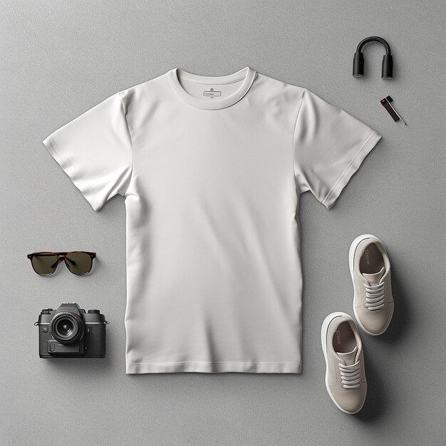 un t-shirt blanc avec un t-shirt dessus est montré avec des lunettes de soleil et un appareil photo.