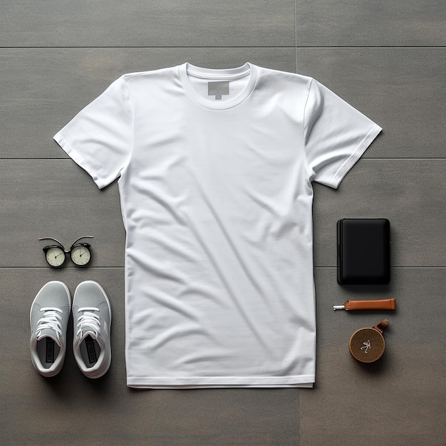 un t-shirt blanc avec un t-shirts blanc sur le devant et un sac noir sur la droite.